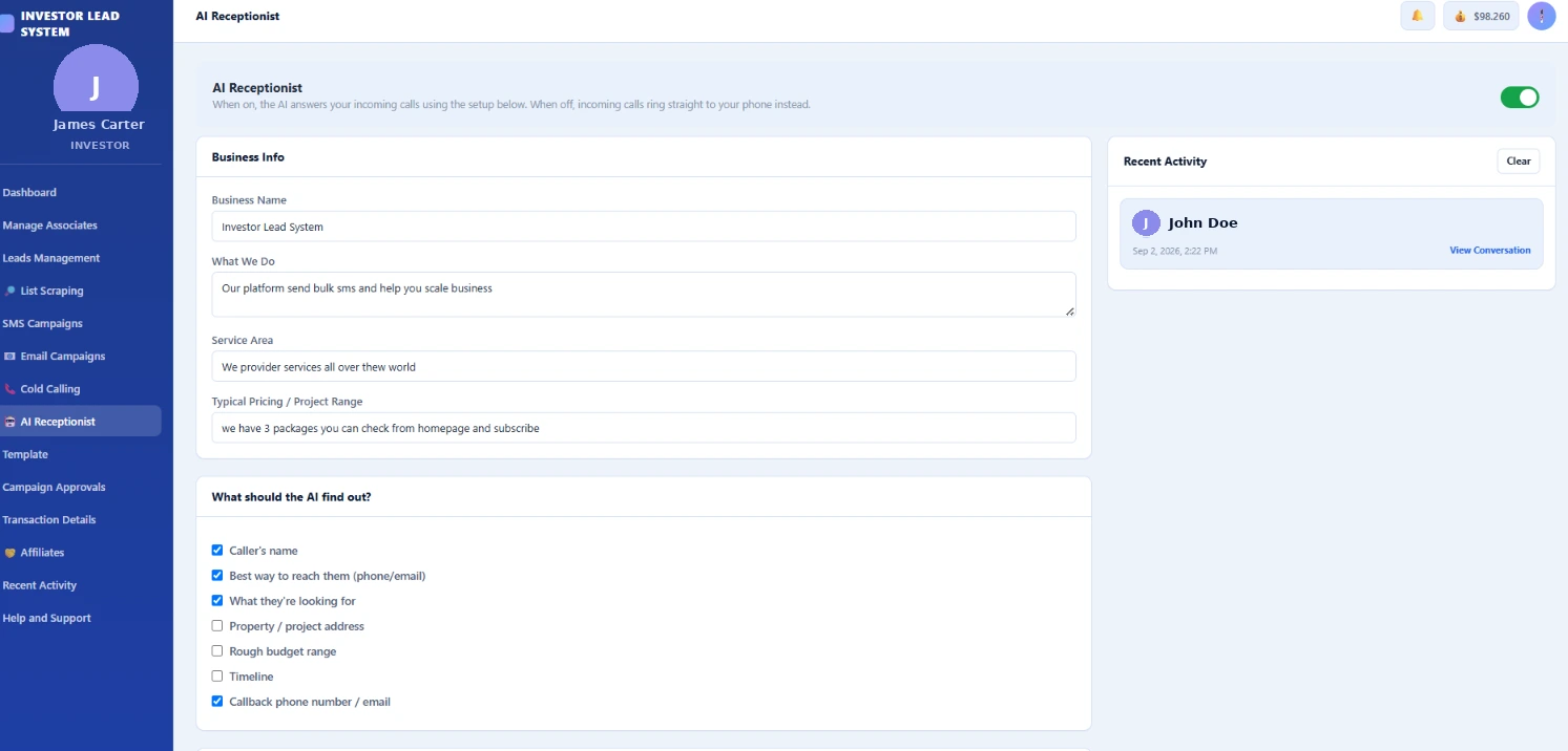 AI Receptionist dashboard showing configurable greeting and guardrails alongside a log of AI-handled calls
