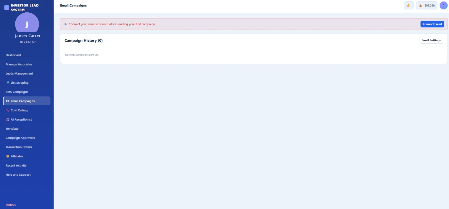 Email Marketing dashboard showing campaign composer and open/click tracking for real estate lead outreach