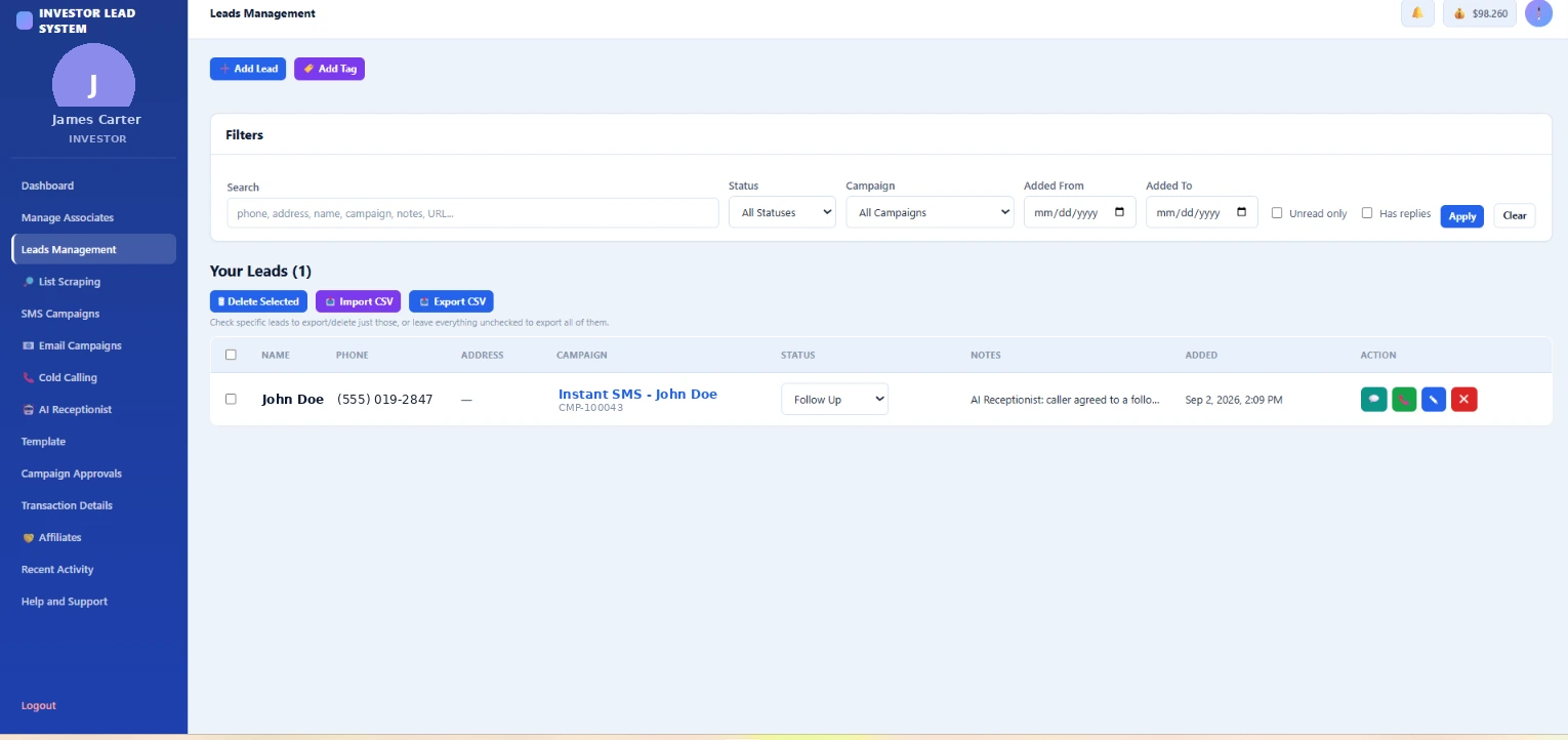 Lead Management dashboard listing real estate seller leads with phone number, address, and status