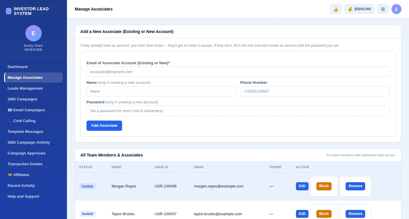 Manage Associates dashboard for inviting and managing a real estate investing team