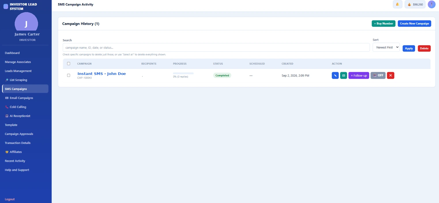 SMS Campaign Activity dashboard showing sent and scheduled text campaigns to real estate leads