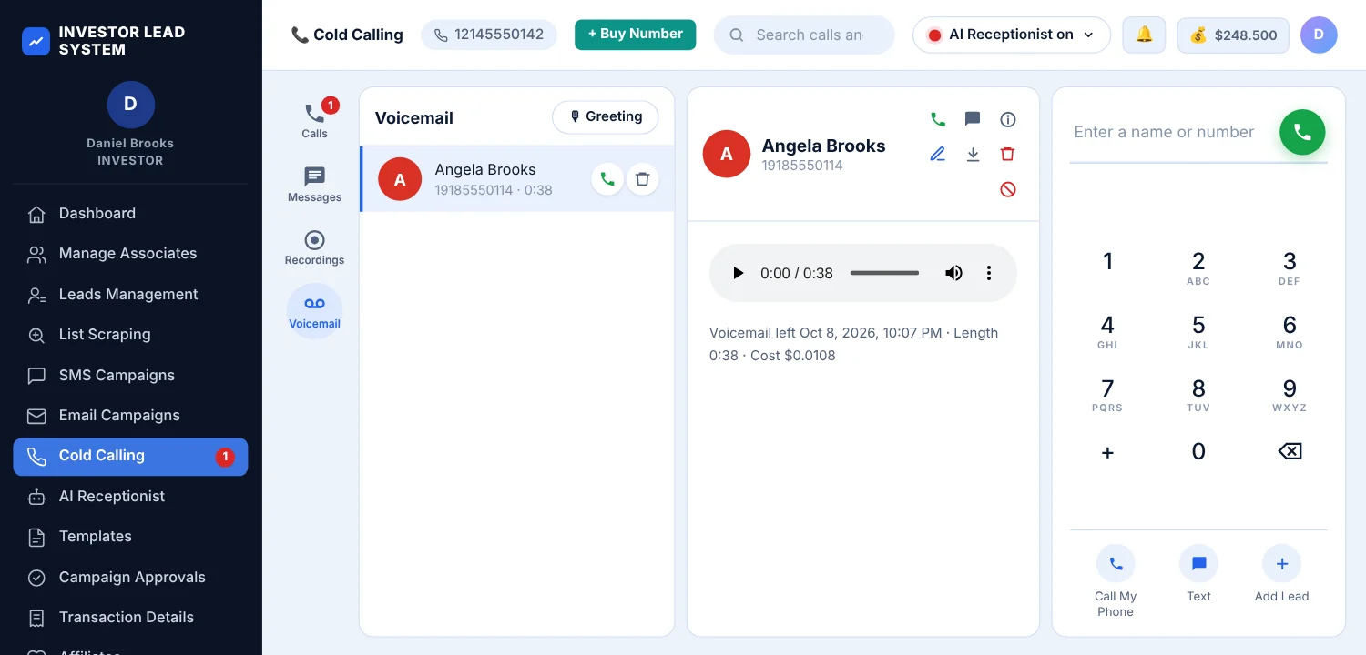 Voicemail tab in the cold calling dashboard playing a voicemail left by a seller