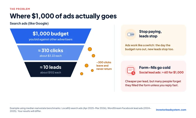 Funnel showing $1,000 of search ads turning into about 310 clicks and about 10 leads, with notes that leads stop when ad spend stops and that form-fills go cold